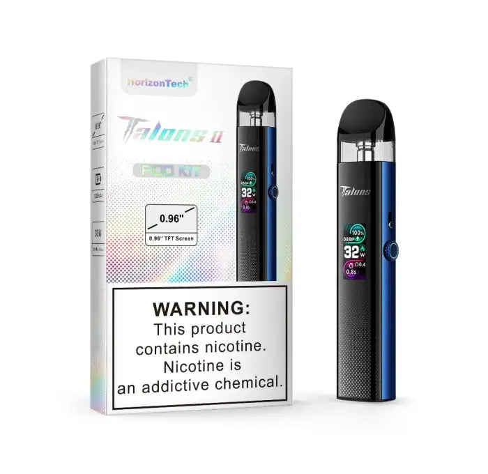 Electronic cigarette or vape device with a digital display and packaging.