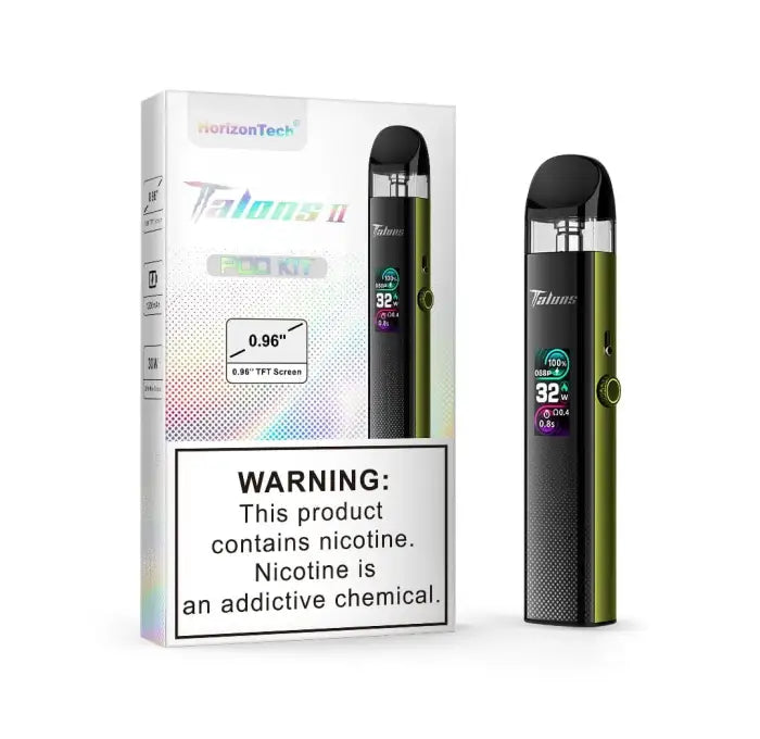 Electronic cigarette or vape device with a black and green design and digital display.