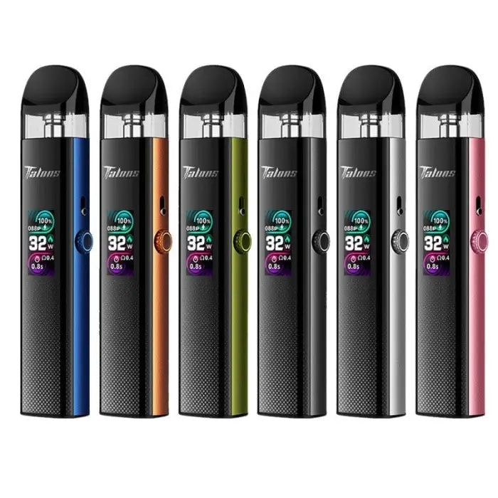 Electronic cigarettes or vape pens in various colors with digital displays.