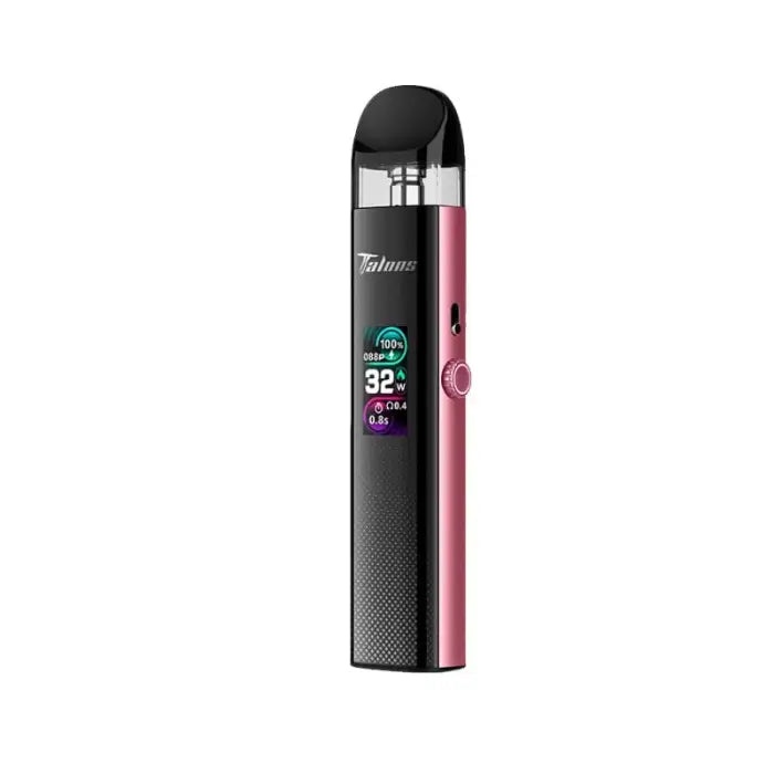 Sleek electronic vaping device with a digital display and pink accents.