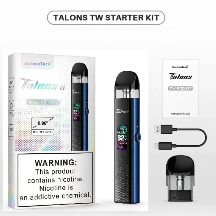 Vaping starter kit containing an e-cigarette device, pod, charging cable, and packaging with warning label.