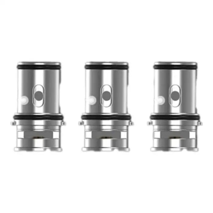 Three identical cylindrical metal coils or atomizer heads for electronic cigarettes or vaping devices.