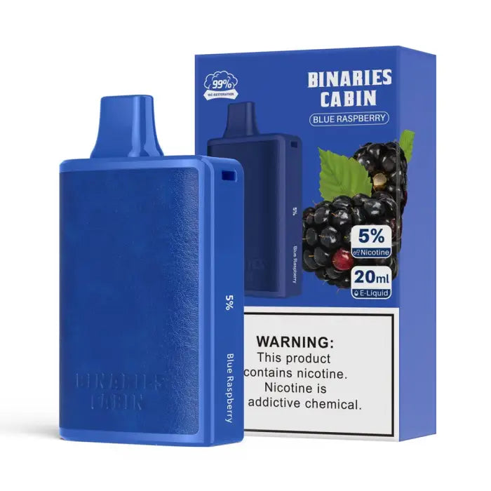 Blue electronic vaping device with its product packaging.