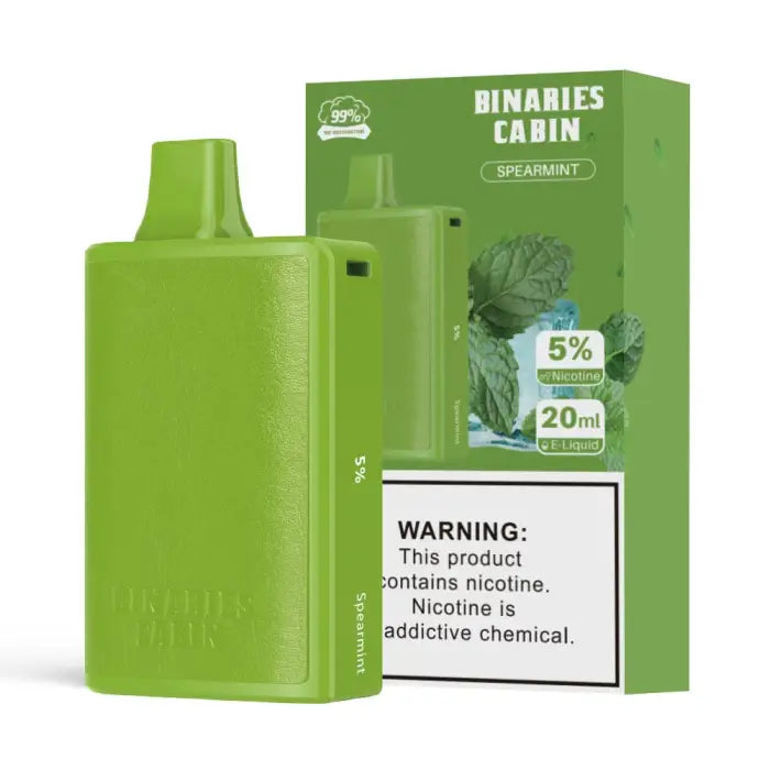 Green electronic vaping device with its product packaging.