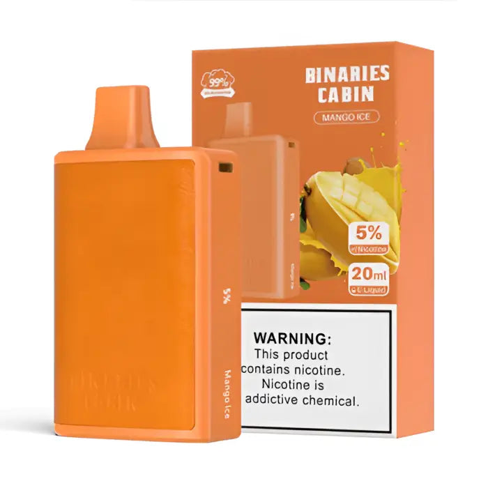 Orange electronic vaping device with its product packaging.