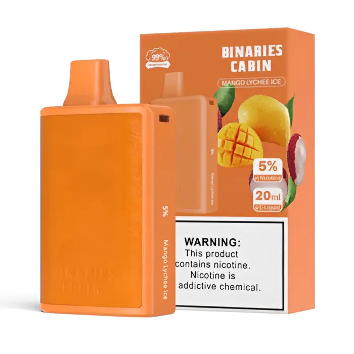 Orange electronic vaping device with mango flavor packaging.