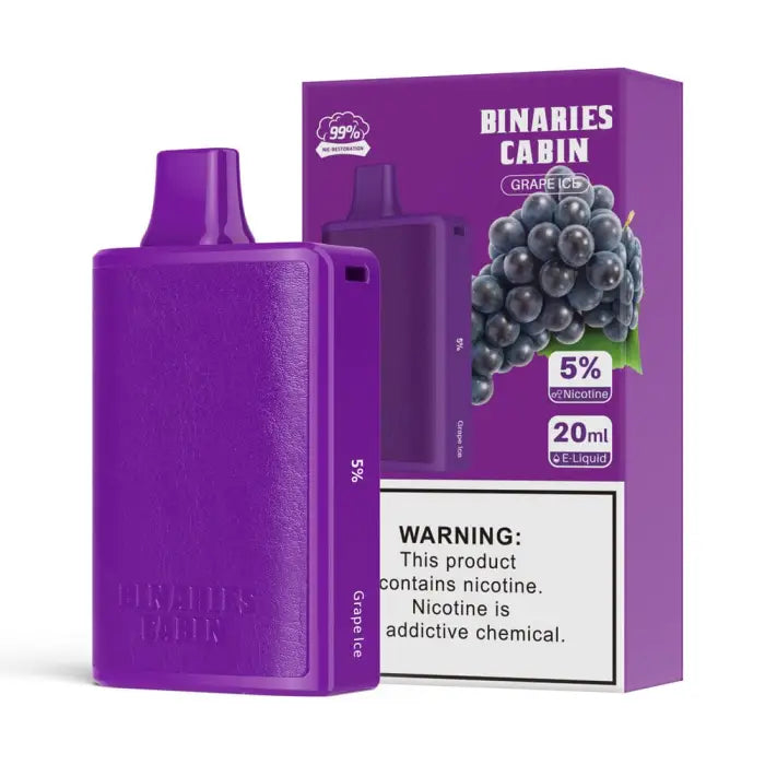 Purple electronic vaping device with matching product packaging featuring grape imagery.