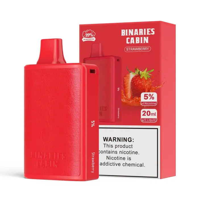 Red electronic vaping device with strawberry flavor packaging.