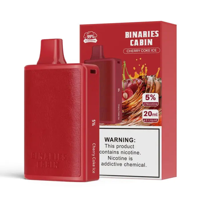 Red electronic vaping device with its product packaging.