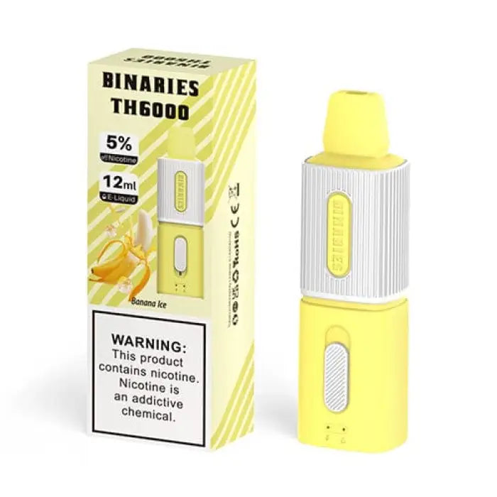 Yellow and white electronic cigarette device with its packaging box.