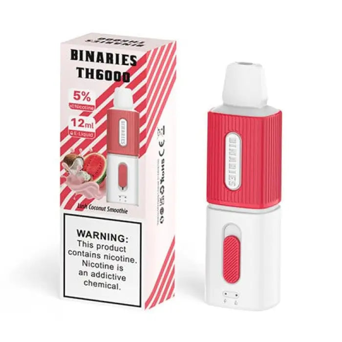 Electronic cigarette or vaping device with red and white color scheme.