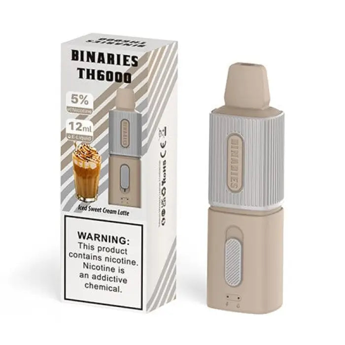 Disposable electronic cigarette device with its packaging displaying flavor and nicotine content information.