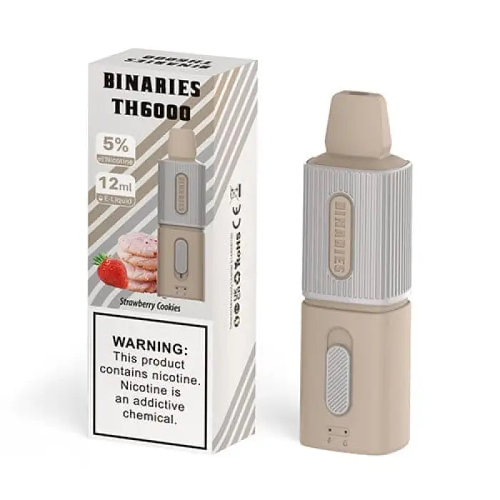 Disposable electronic cigarette device with its packaging displaying product details and a warning label.