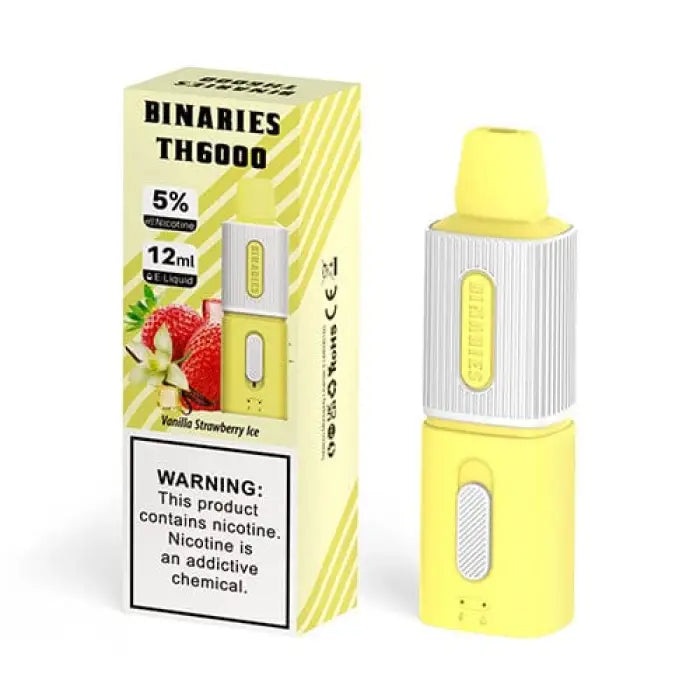 Disposable e-cigarette or vape device with yellow and white design, alongside its product packaging.