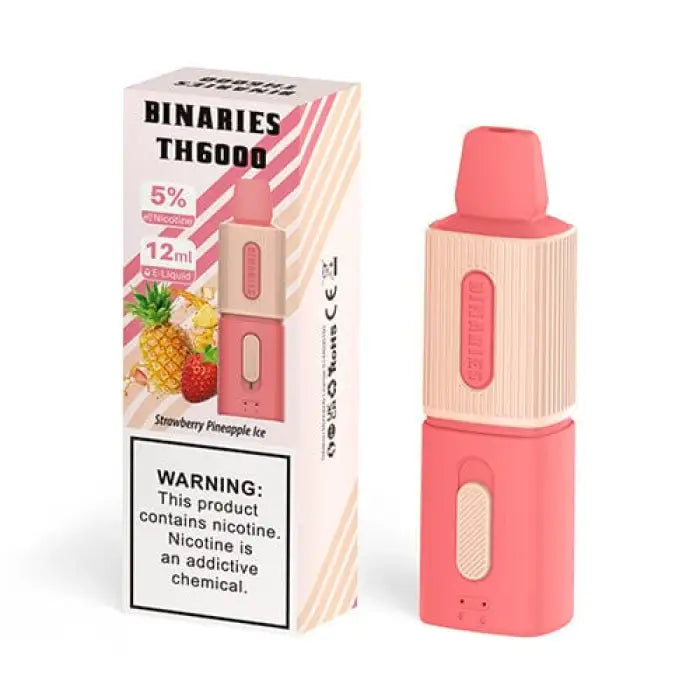 Disposable e-cigarette or vape device with strawberry pineapple flavor and its packaging.