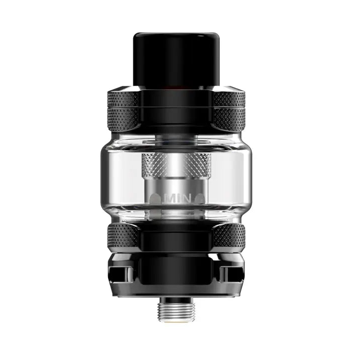 Vaping tank or atomizer with a glass section and metal components.