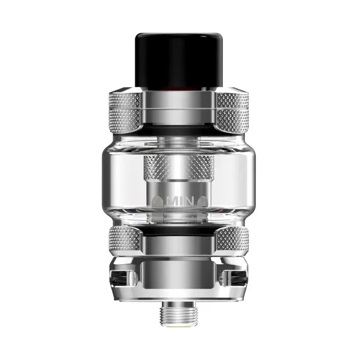 Metallic vaping tank or atomizer with a glass section and textured grip areas.