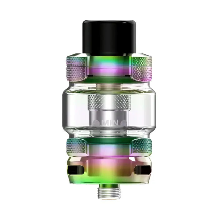 Colorful vaping tank or atomizer with metallic accents and a glass section.