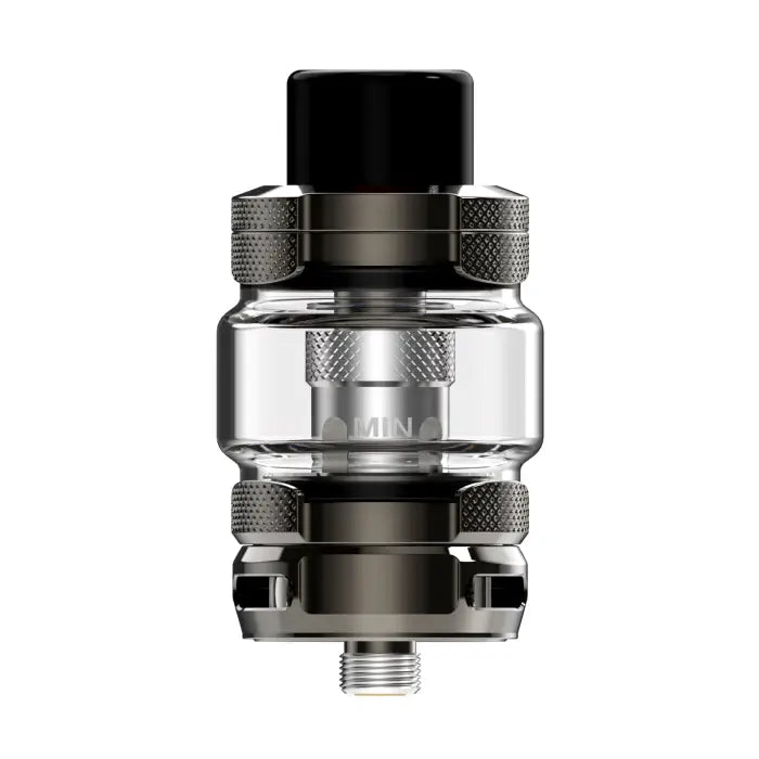 Metallic vaping tank or atomizer with glass and textured components.