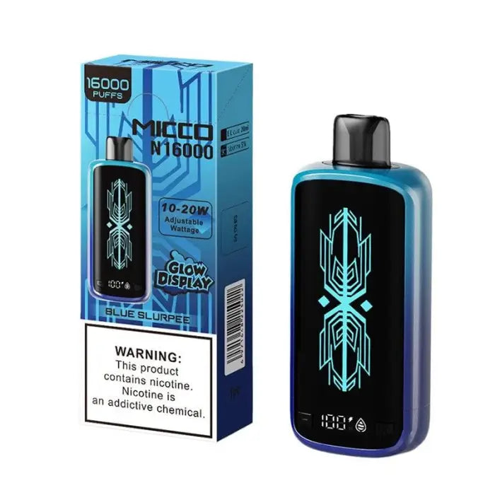 Electronic vaping device with a glowing blue display and geometric design on a black body.