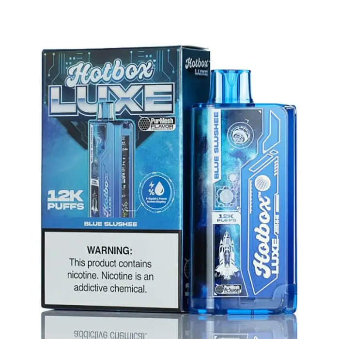 Blue disposable vape device with its packaging featuring ’Hotbox Luxe’ branding.