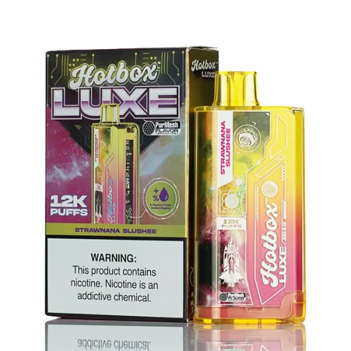 Disposable vape device with colorful packaging labeled ’Hotbox Luxe’.