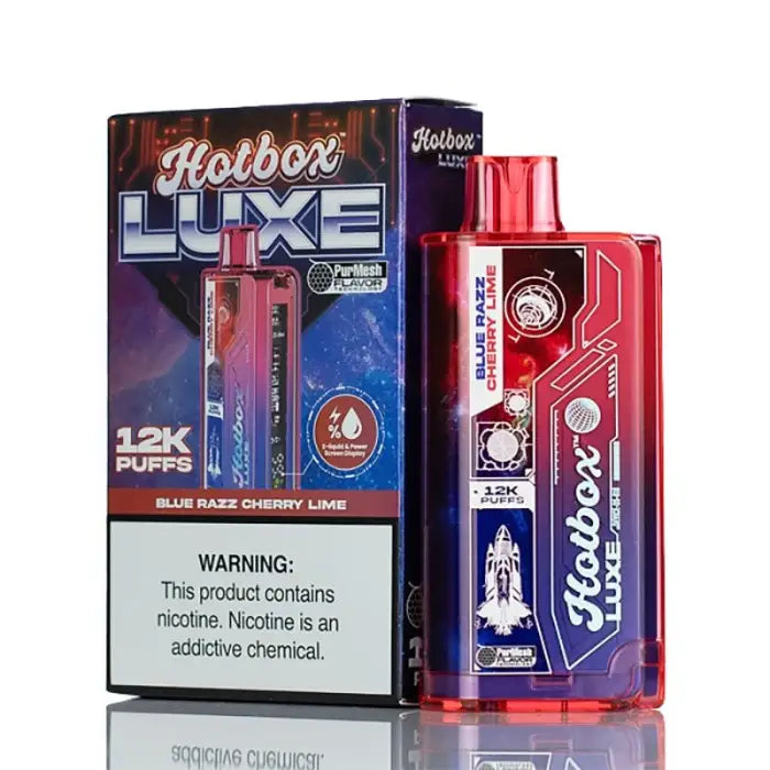 Disposable electronic cigarette device with colorful packaging labeled ’Hotbox Luxe’.