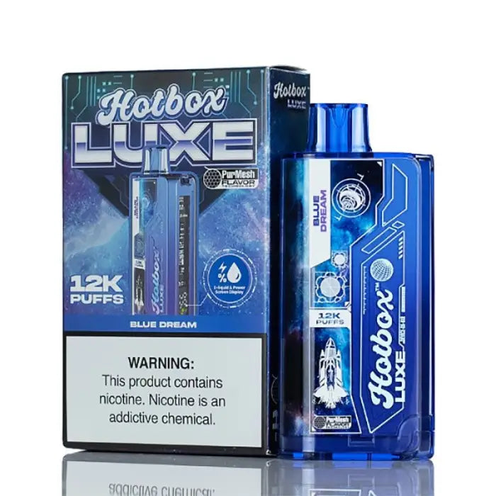 Disposable electronic cigarette device with blue packaging labeled ’Hotbox Luxe’.