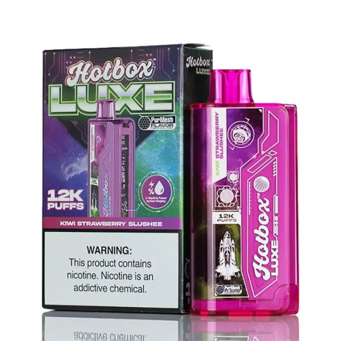 Disposable vape device in pink and purple packaging labeled ’Hotbox Luxe’ with 12K puffs.