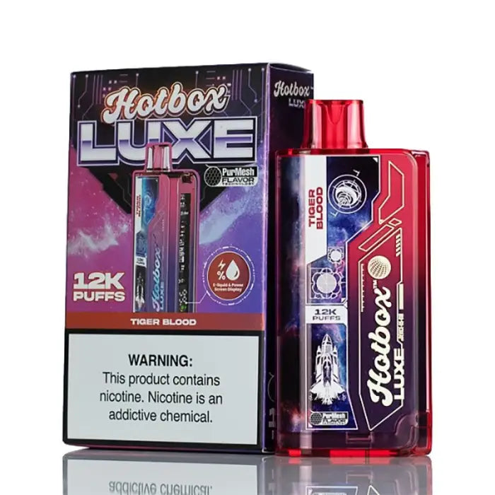 Disposable vape device in colorful packaging labeled ’Hotbox Luxe’ with a tiger blood flavor.