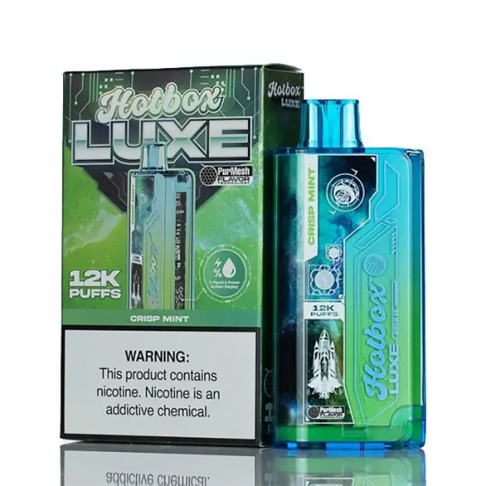 Disposable vape device with green packaging labeled ’Hotbot Luxe’ and a blue-green body.