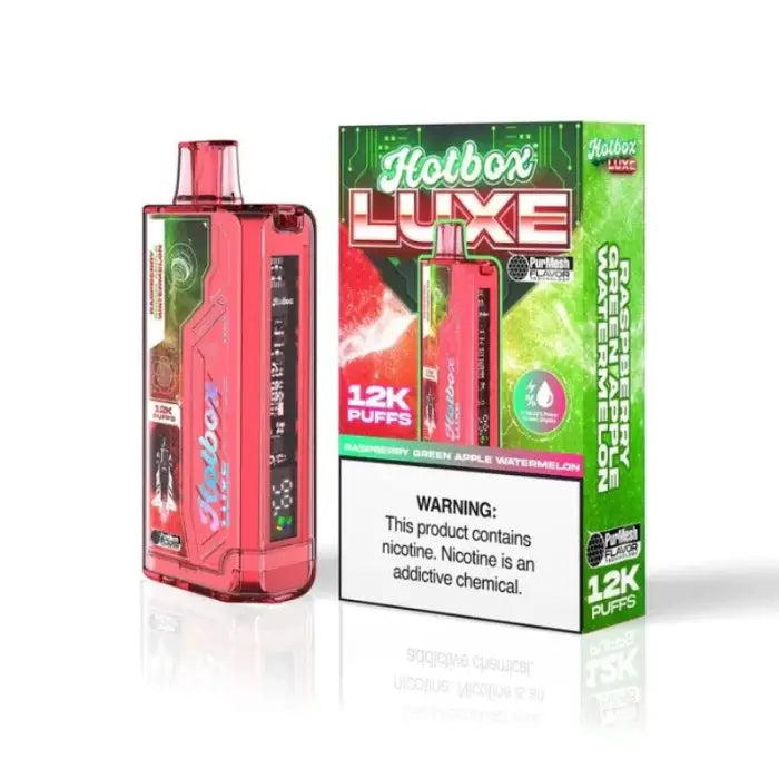 Disposable vape device in pink packaging with ’Hulber Luxe’ branding.