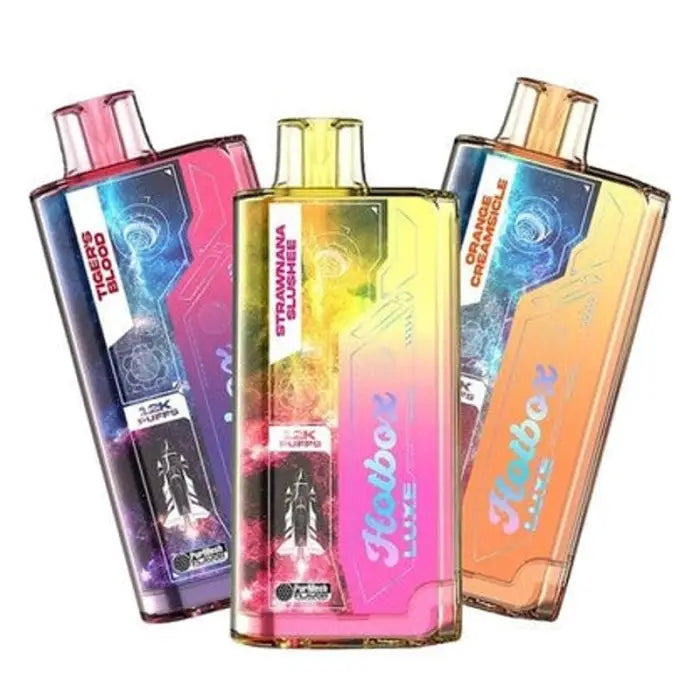 Colorful disposable vape devices in vibrant gradient designs.