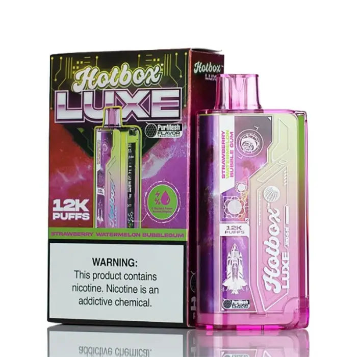 Disposable vape device with colorful packaging labeled ’Hotbox Luxe’.