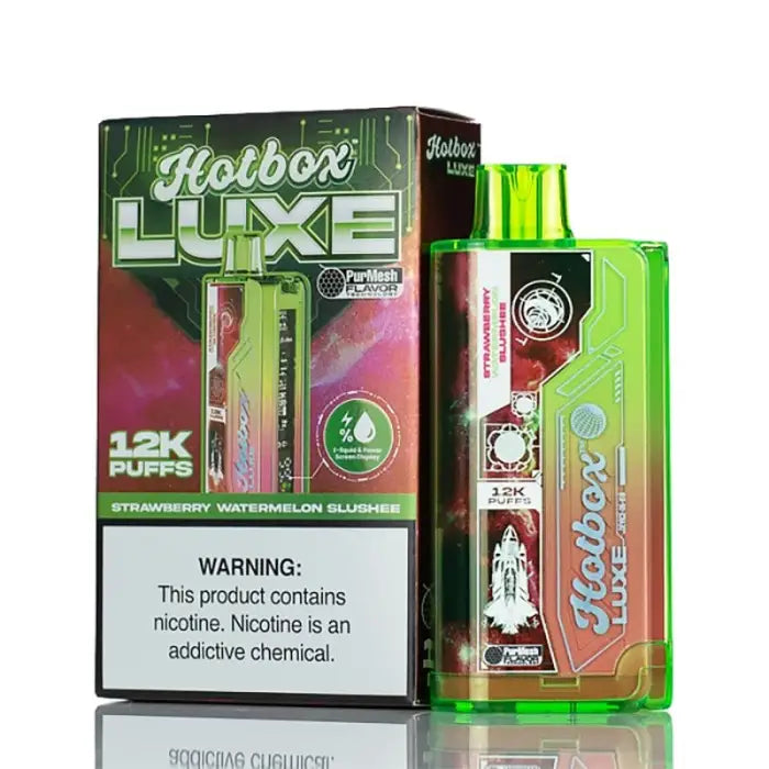 Disposable vape device with colorful packaging labeled ’Hotbox Luxe’ and a warning about nicotine content.