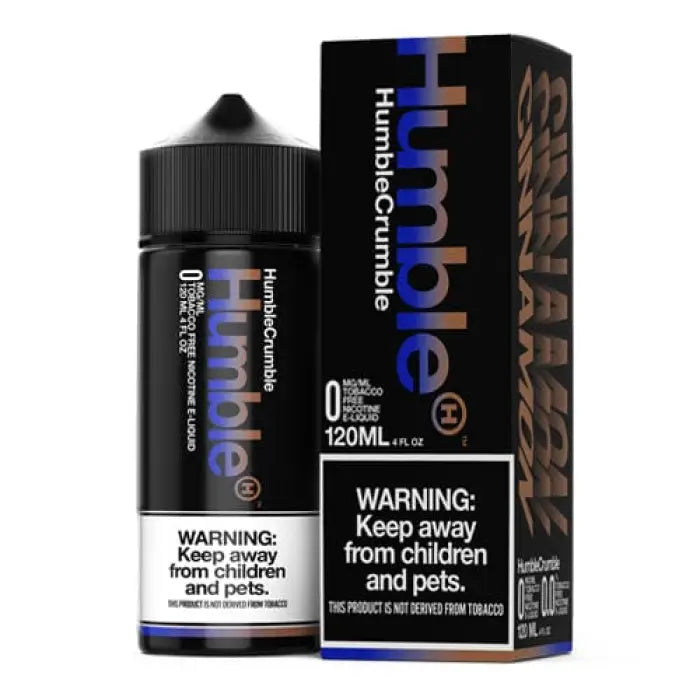 Black bottle and packaging for Humble e-liquid, featuring colorful text and warning labels.