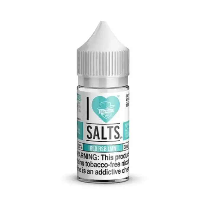 Bottle of nicotine salt e-liquid labeled ’I Love Salts’ with a teal heart logo.