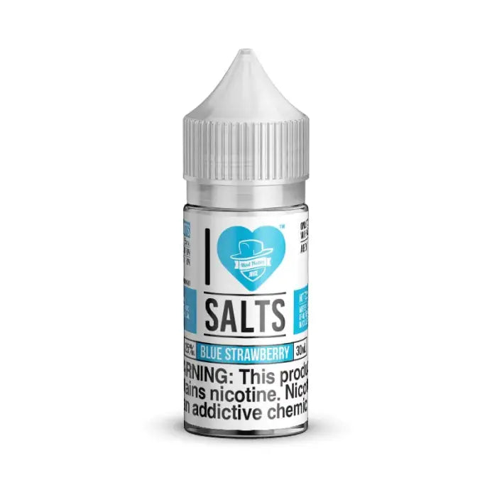 Bottle of nicotine salt e-liquid with a blue heart logo and warning label.