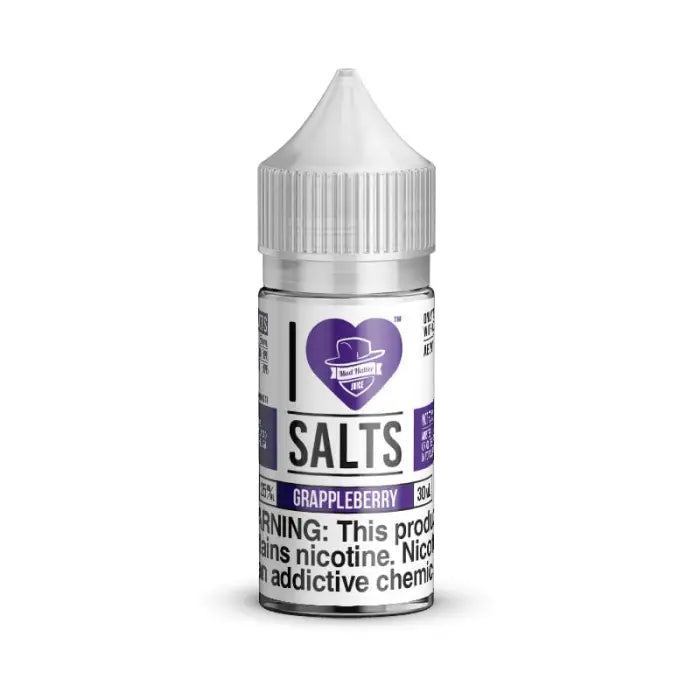 Bottle of e-liquid labeled ’I Love Salts’ in grappleberry flavor with a purple heart logo.