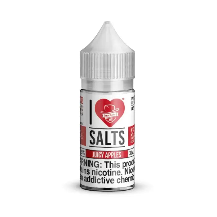 Bottle of e-liquid labeled ’I Love Salts Juicy Apples’ with a heart logo.