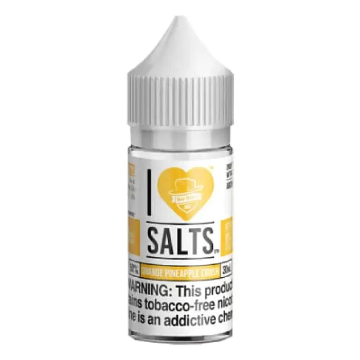 Small bottle of e-liquid labeled ’I Love Salts’ with a yellow heart logo.