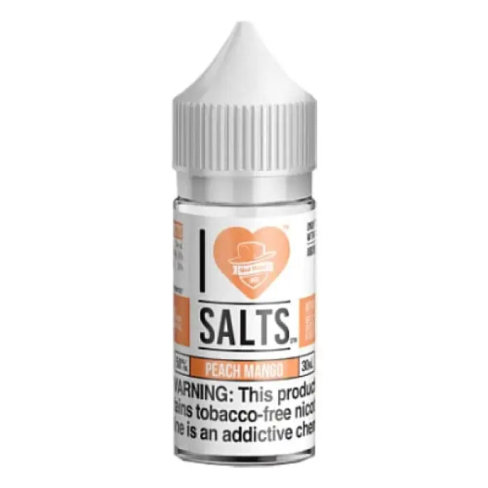 Bottle of e-liquid labeled ’I Love Salts’ with a peach flavor.