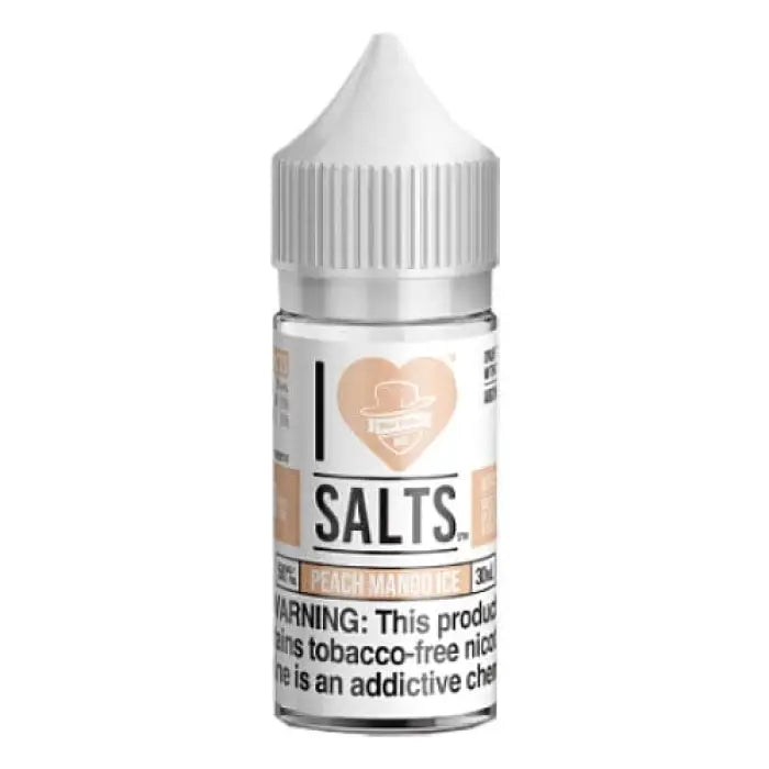 Small bottle of e-liquid labeled ’I Love Salts’ with a warning label.