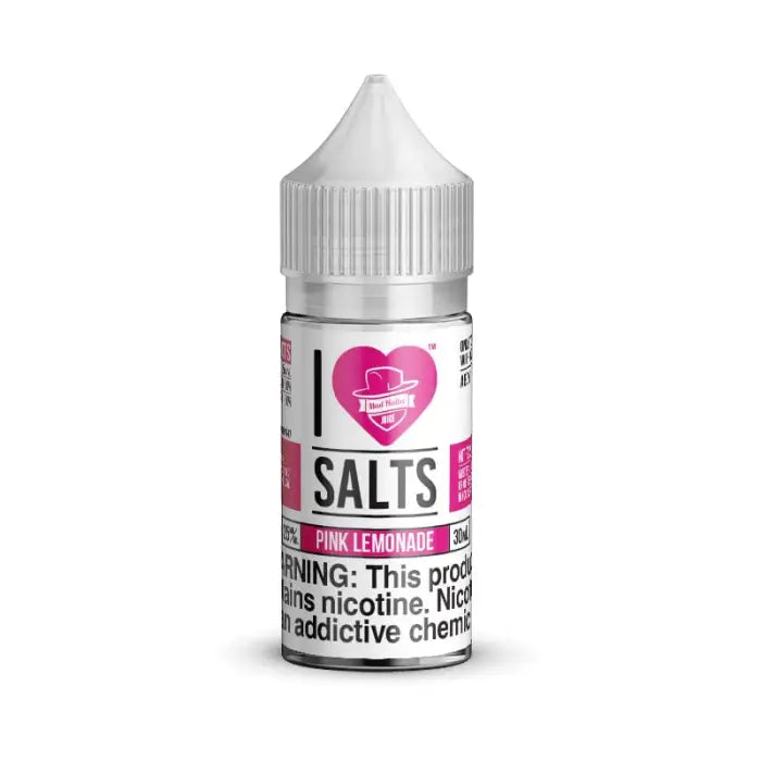 Bottle of e-liquid labeled ’I Love Salts Pink Lemonade’ with a heart logo.