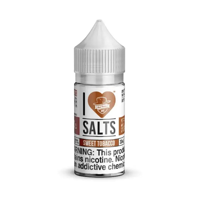 Bottle of e-liquid labeled ’I Love Salts Sweet Tobacco’ with a heart logo.