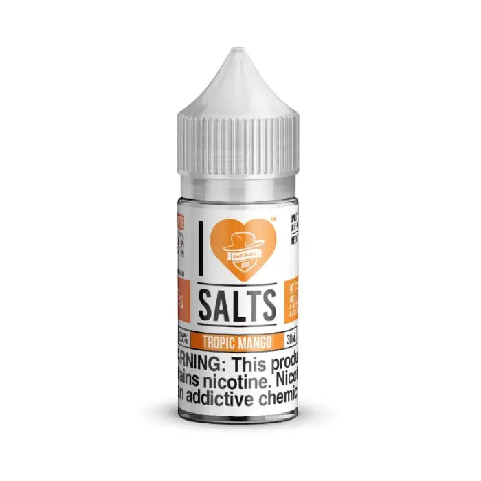 Bottle of ’I Love Salts’ e-liquid in Tropic Mango flavor with a nicotine warning label.