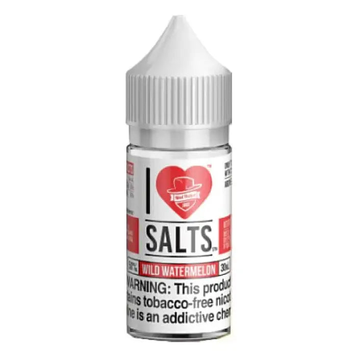 Bottle of nicotine salt e-liquid in watermelon flavor with a heart logo.