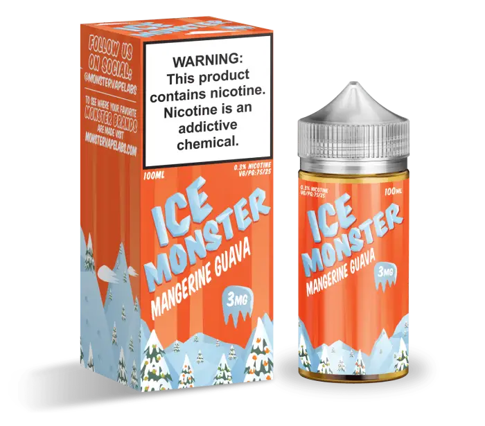 E-liquid bottle and packaging for ’Ice Monster’ brand in Mangorine Guava flavor.