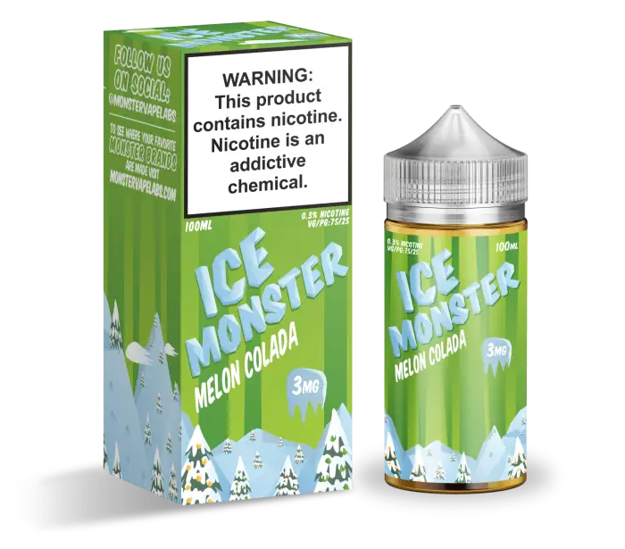 E-liquid bottle and packaging for ’Ice Monster Melon Colada’ vape juice.