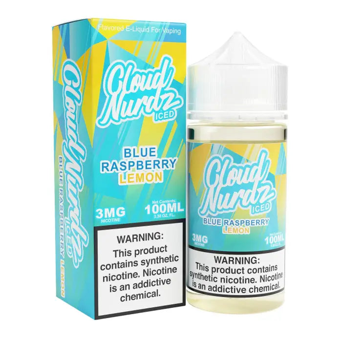 E-liquid bottle and packaging for ’Cloud Nurdz’ Blue Raspberry Lemon flavor vape juice.